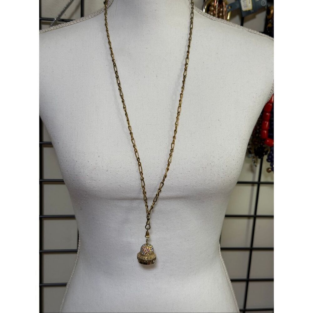 Vintage Geneva Rhinestone Ball Pendant Watch Necklace Gold Tone AB Crystal Dome